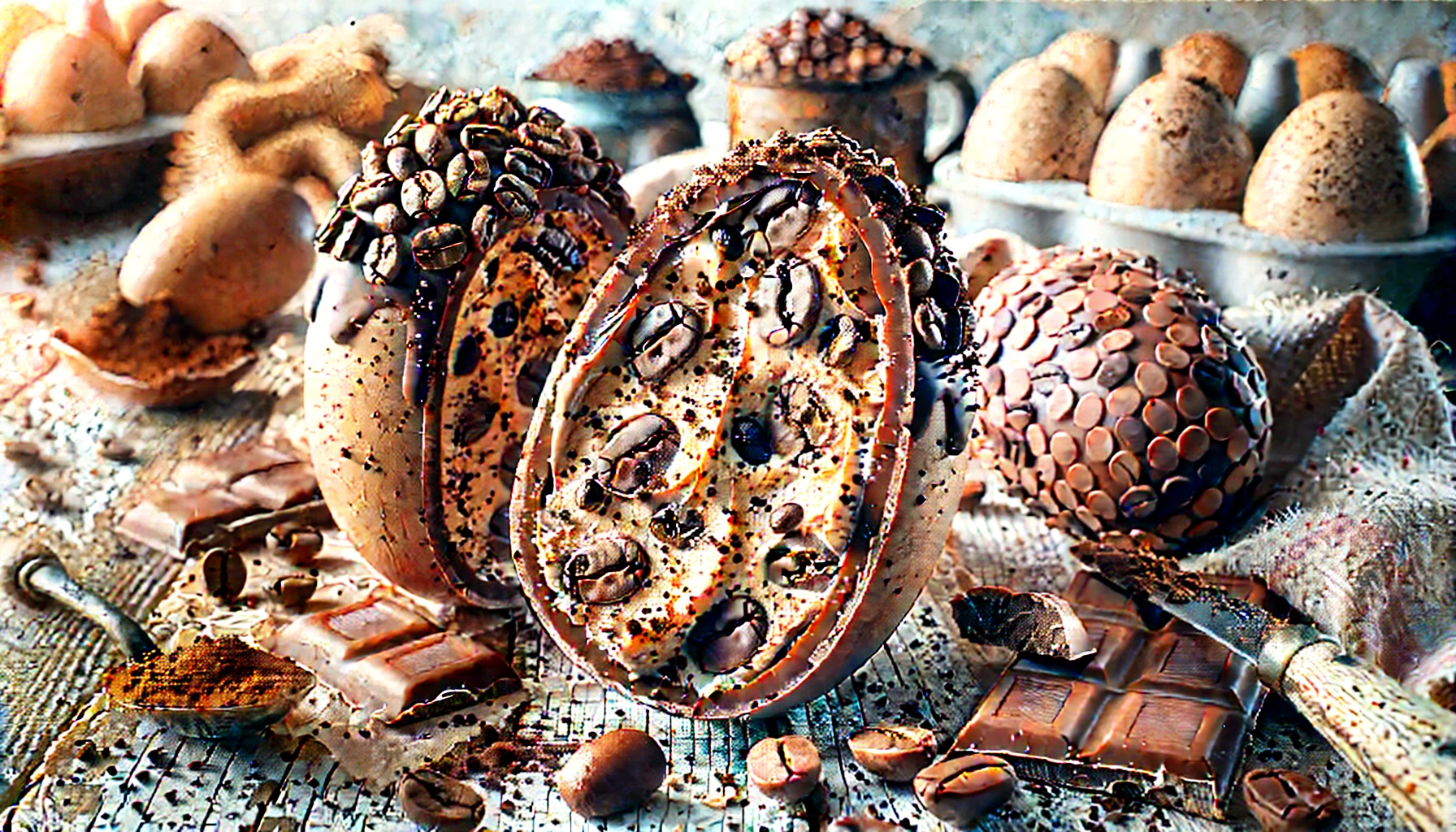 Gourmet Easter eggs decorated with coffee beans and chocolate, displayed on a rustic table with delicate details.