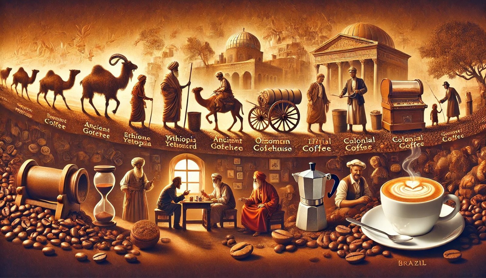 A gourmet Easter egg beautifully decorated with coffee beans and chocolate pieces, elegantly placed on a rustic table alongside other chocolate elements.