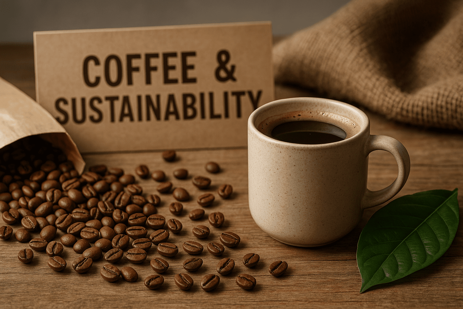 Copo de café sobre mesa de madeira ao lado de grãos de café e uma folha verde, com um cartaz ao fundo escrito "Coffee & Sustainability", simbolizando o consumo consciente e sustentável do café.