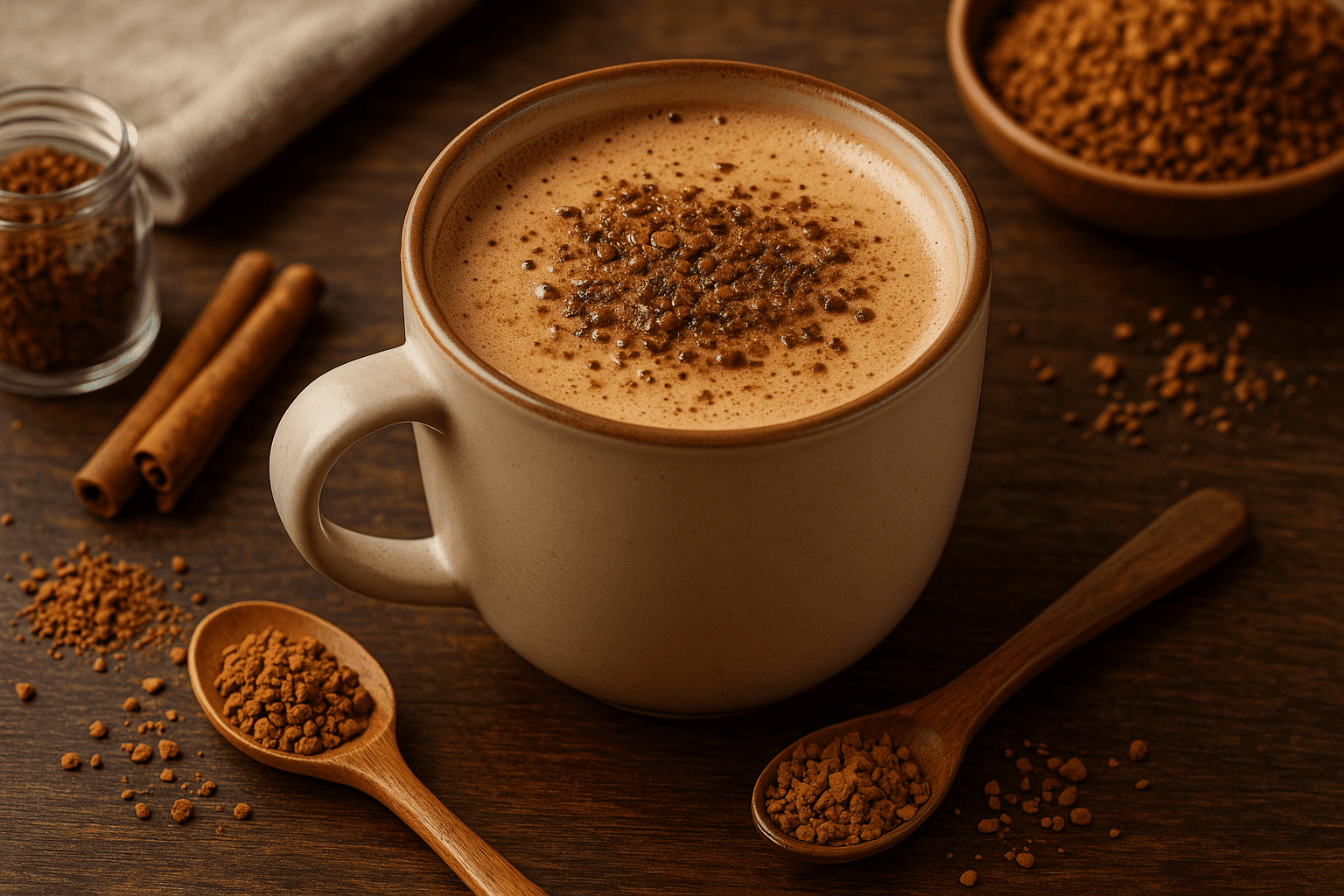 Xícara de café instantâneo cremoso com granulado por cima, cercada por colheres de madeira com café solúvel, canela em pau e ingredientes sobre uma mesa de madeira.