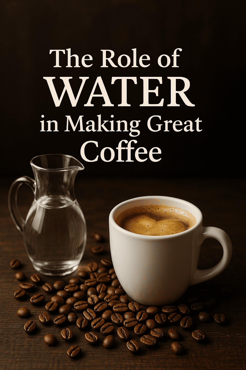 Uma xícara de café aromático sendo preenchida por um fluxo cristalino de água pura, com grãos de café ao fundo e um ambiente aconchegante em luz dourada.