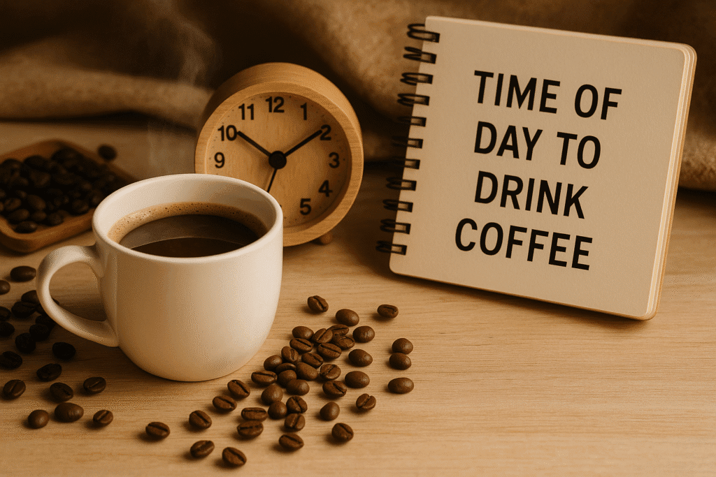 Xícara de café ao lado de relógio analógico de madeira e caderno com os dizeres "Time of Day to Drink Coffee", simbolizando o melhor horário para consumir café.